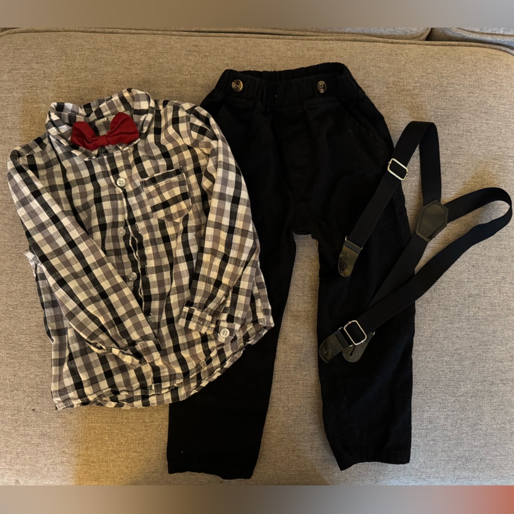 Toddler Boy Plaid Shirt and Black Pants Set with Suspenders and BowTie